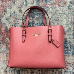 Coach Mollie 25 Pink/Coral Leather Tote Bag with gold hardware.
